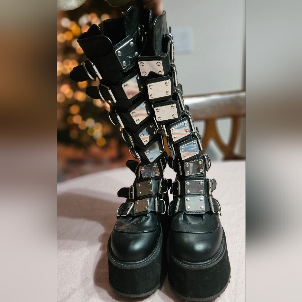 DEMONIA Goth Grunge Rave Matte Knee High Buckled Platform Boots